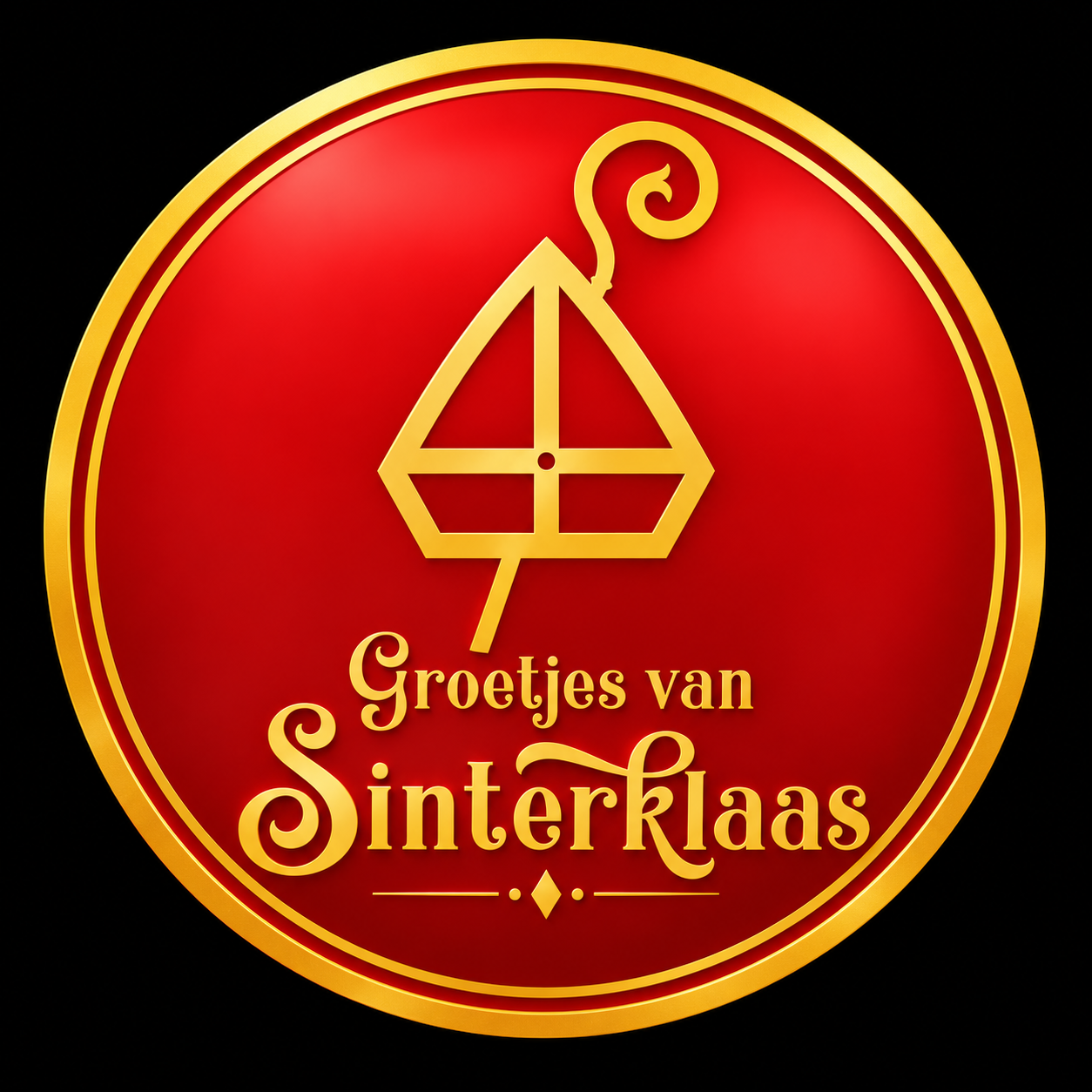 Logo Groetjes van Sinterklaas: rood rond embleem met gouden mijter